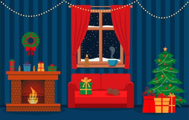 Vecteur intérieur de vie confortable noël avec canapé rouge, cadeaux et cheminée. illustration de style plat de vecteur.