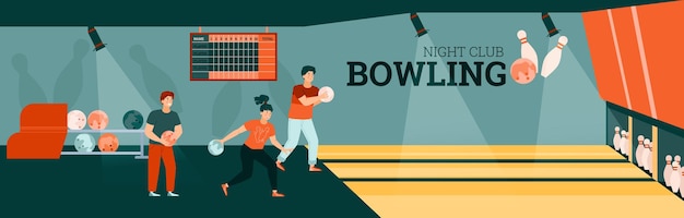 Intérieur De La Zone De Jeu Avec Une Fille Et Des Gars Jouant Au Bowling Avec Des Boules Et Des épingles