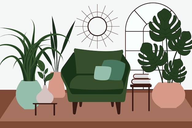 Vecteur intérieurs d'appartements élégants dans un style scandinave avec un décor moderne salon meublé confortable illustration vectorielle plane de dessin animé mobilier élégant et confortable avec des plantes d'intérieur