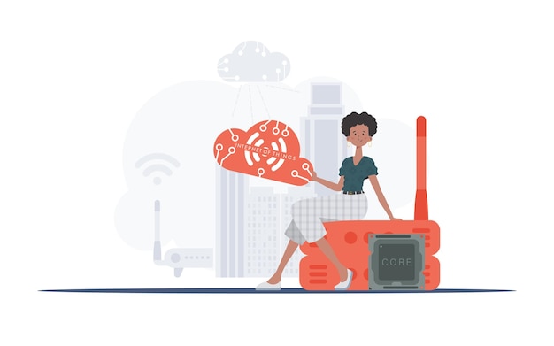 Internet des objets et concept d'automatisation Une femme est assise sur un routeur et tient le logo de l'internet des objets dans ses mains Illustration vectorielle dans un style plat branché