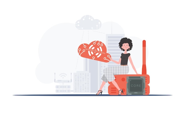 Internet des objets et concept d'automatisation Une femme est assise sur un routeur et tient le logo de l'internet des objets dans ses mains Illustration vectorielle dans un style plat
