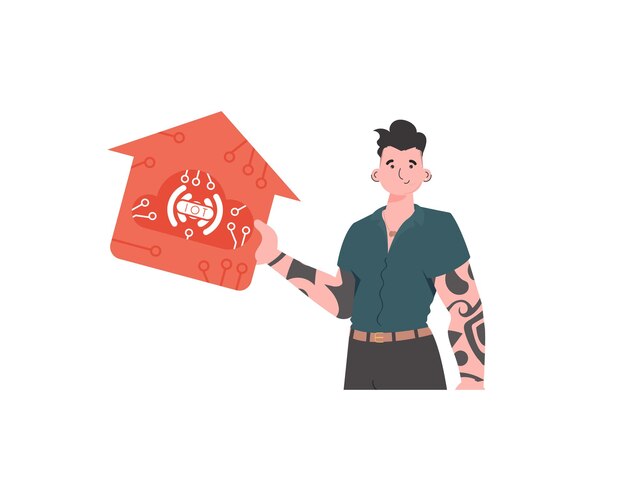 Internet des objets et concept d'automatisation Le gars est montré à la taille Un homme tient une icône d'une maison dans ses mains Illustration vectorielle isolée dans un style plat branché