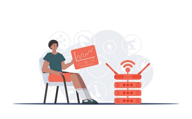 Internet des objets et concept d'automatisation Un homme est assis sur une chaise et tient un panneau avec des analyseurs et des indicateurs dans ses mains Bon pour les sites Web et les présentations Illustration vectorielle dans un style plat