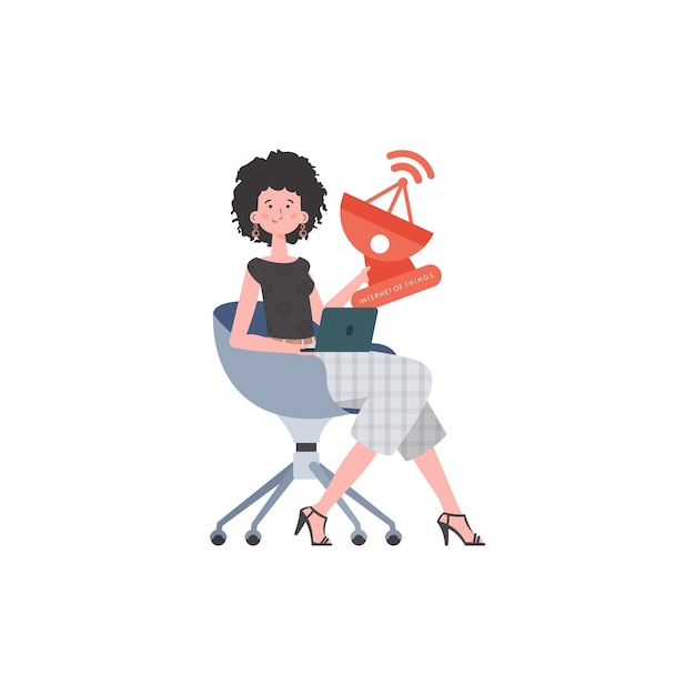 Vecteur internet des objets concept une femme tient une antenne parabolique dans ses mains isolé sur fond blanc style plat tendance illustration vectorielle