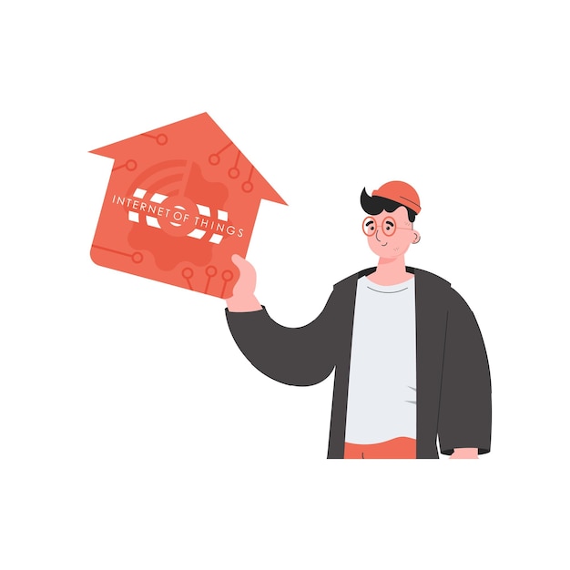 Internet des objets concept Le gars est montré à la taille Un homme tient une icône d'une maison dans ses mains Illustration vectorielle isolée dans un style plat branché