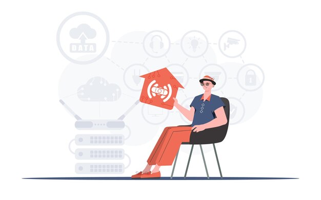 Internet des objets concept Un homme est assis dans un fauteuil et tient une icône de la maison dans ses mains Bon pour les présentations Illustration vectorielle dans un style plat