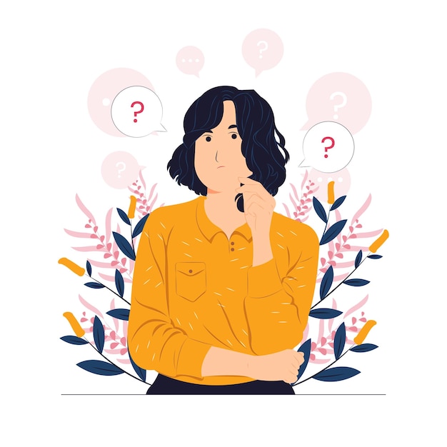 Interrogé, pensant et confondu avec le point d'interrogation en levant avec des illustrations de concept d'expression ciblées réfléchies