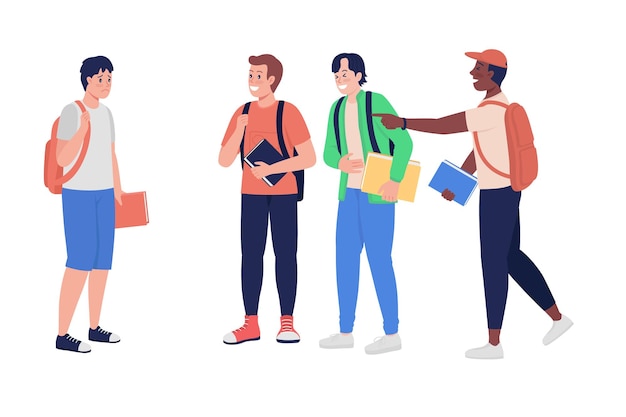 Intimidation de personnages vectoriels de couleur semi-plate chez les adolescents. Chiffres debout. Personnes de tout le corps sur blanc. Les problèmes de l'adolescence ont isolé une illustration de style dessin animé moderne pour la conception graphique et l'animation