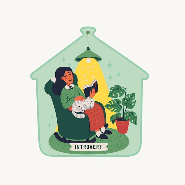 Introverti. Concept D'extraversion Et D'introversion - Jeune Femme Assise Dans Un Fauteuil Avec Un Livre Et Un Chat Sur Ses Genoux, Sous Un Bonnet De Verre. Illustration En Style Cartoon Plat Sur Fond Blanc