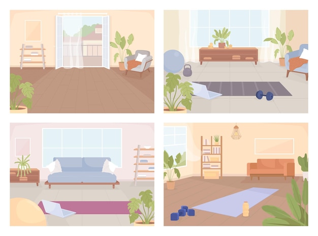 Inventaire et lieu pour l'exercice à domicile ensemble d'illustrations vectorielles de couleur plate
