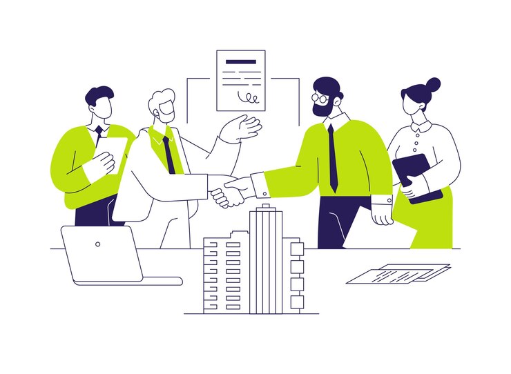 Vecteur investissement dans l'immobilier concept abstrait illustration vectorielle hommes d'affaires signent un contrat sur