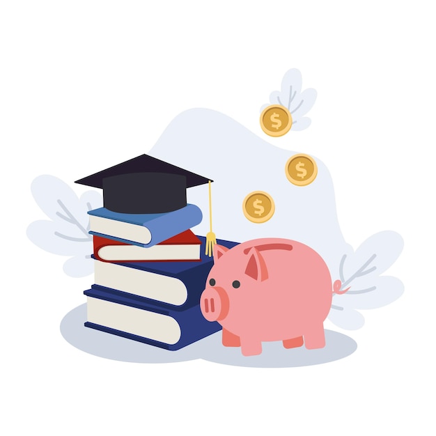 Vecteur investissement monétaire dans l'éducation concept tirelire et chapeau de graduation sur pile sur les manuels scolaires illustration vectorielle plane
