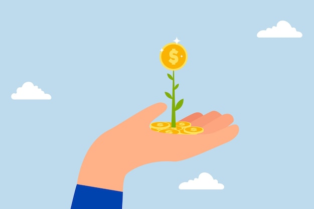 Investisseur de croissance investisseur homme d'affaires tient une plante de fleurs avec de l'argent dans sa main d'une pile de pièces