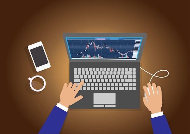 Les investisseurs voient les changements dans les informations financières à l'écran Investir et profiter du marché boursier avec des graphiques graphiques diagrammes croissance chiffres financiers style plat dessin animé illustration vecteur