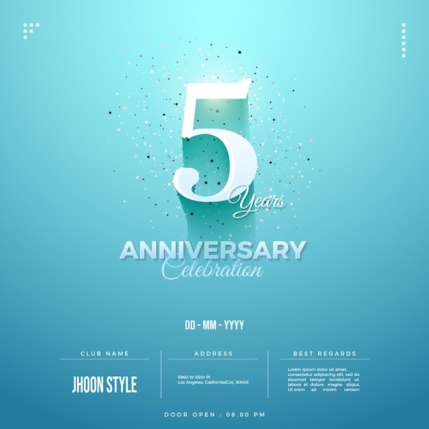 Invitation 5e anniversaire avec illustration blanc bleuté