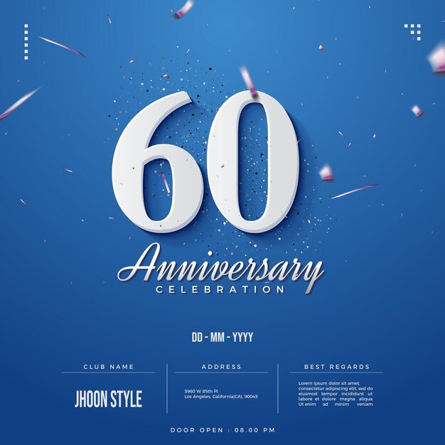 Invitation 60e anniversaire avec des nuages de chiffres blancs sur fond bleu