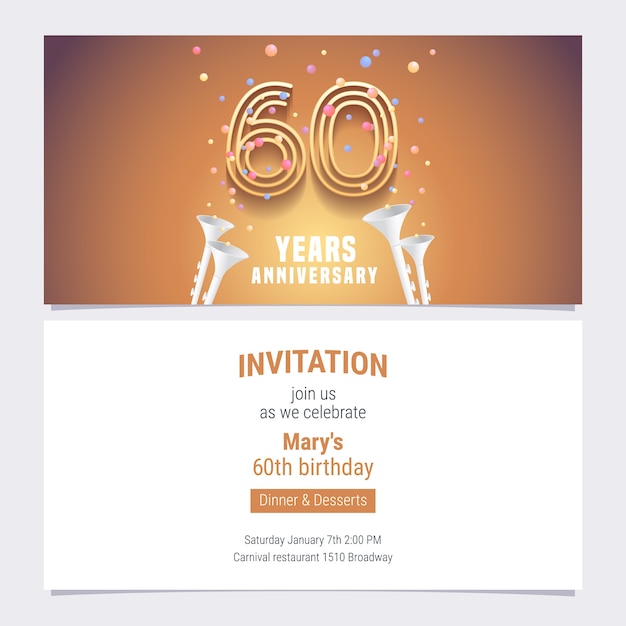 Vecteur invitation d'anniversaire de 60 ans. conception avec nombre. 60e anniversaire invitation