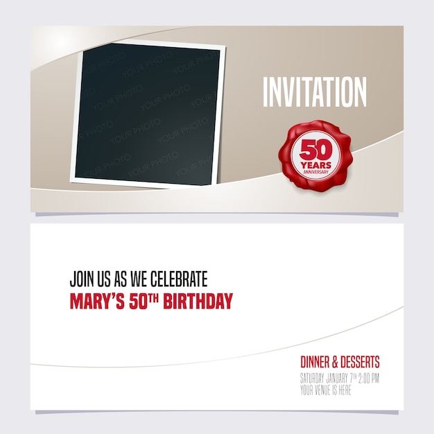 Vecteur invitation anniversaire des années avec collage de cadre photo pour la fête du 50e anniversaire