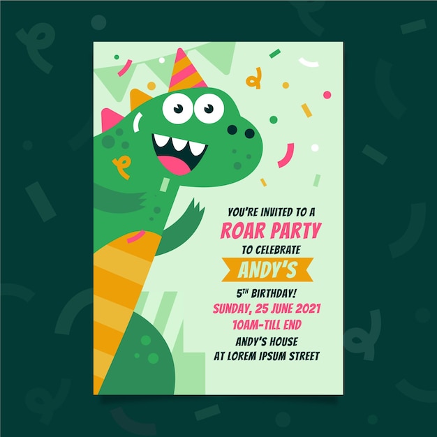 Vecteur invitation d'anniversaire de dinosaure plat