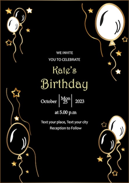 Vecteur invitation d'anniversaire de luxe doré dégradé sur fond noir.