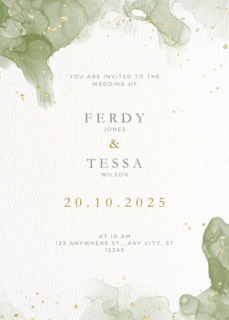 Vecteur invitation au mariage à l'aquarelle verte et dorée 1
