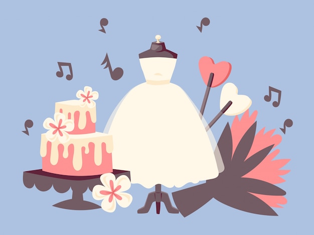 Invitation au mariage sertie de gâteau de mariage, bouquet de fleurs, notes de musique et robe blanche.