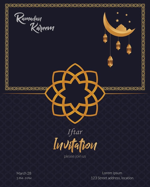 Invitation Au Ramadan Avec Un Croissant De Lune Et Des étoiles Sur Fond Sombre.