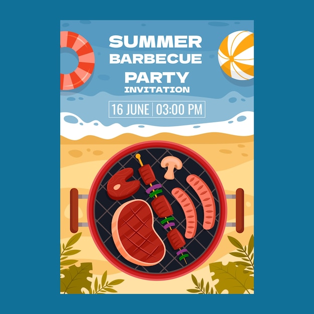 Vecteur invitation de barbecue d'été dessiné à la main à la plage