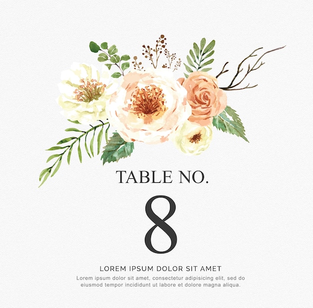 Invitation De Beau Vecteur Aquarelle Avec Des Fleurs Et Des Branches. Numéros De Table Pour Mariage.