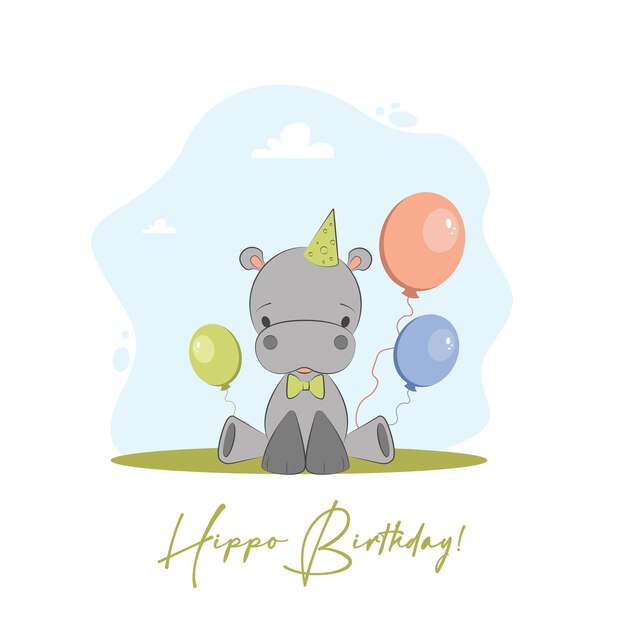 Invitation de carte d'anniversaire pour les enfants Caractère d'hippopotame heureux avec des cadeaux et des ballons illustration vectorielle