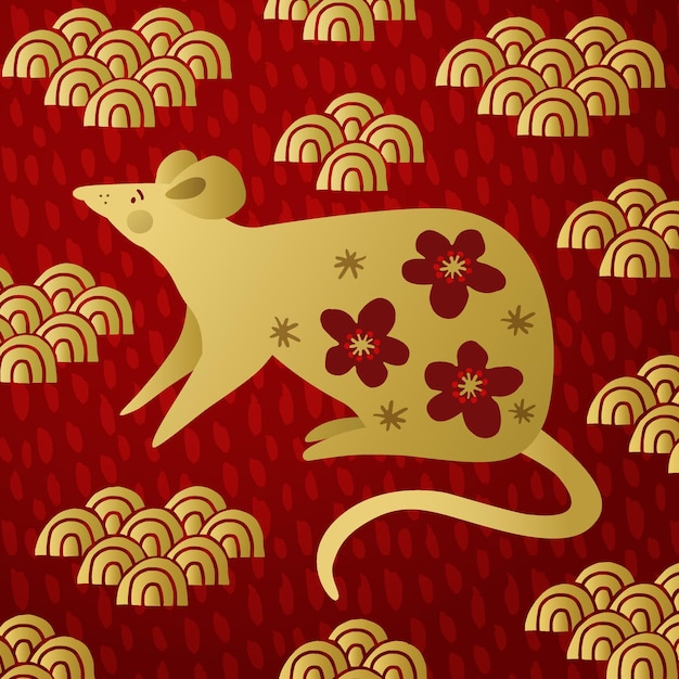 Invitation de carte de voeux du Nouvel An chinois 2020 Année du rat Fond texturé rouge avec des ornements dorés nuages Design asiatique Modèle de bannière de vacances festives Illustration vectorielle