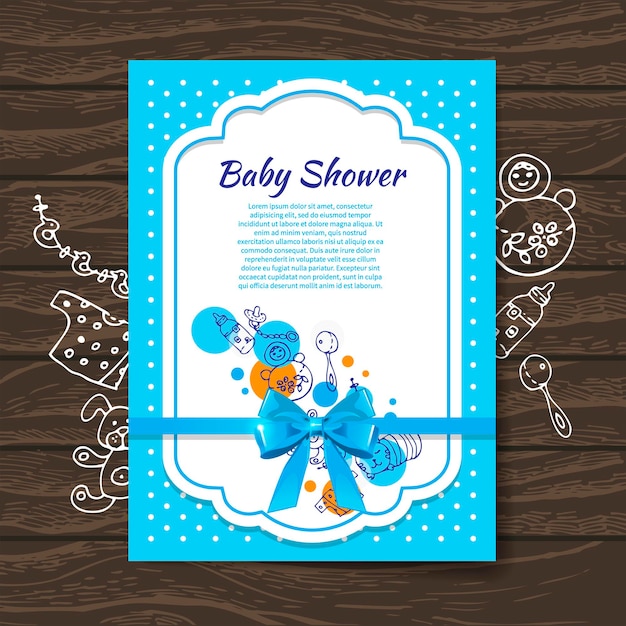 Vecteur invitation de douche de bébé douce avec des jouets de bébé doodle