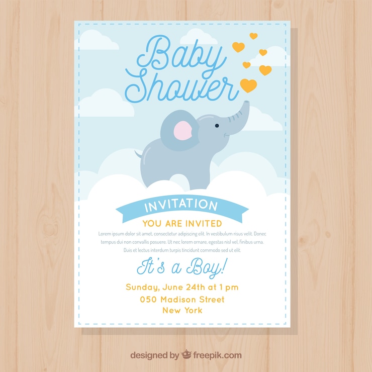 Vecteur invitation de douche de bébé avec éléphant mignon