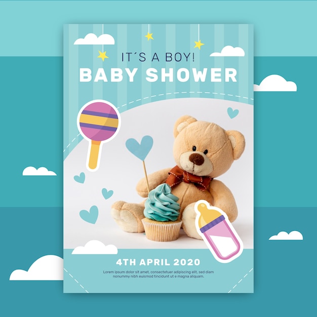 Vecteur invitation de douche de bébé avec photo d'ours en peluche
