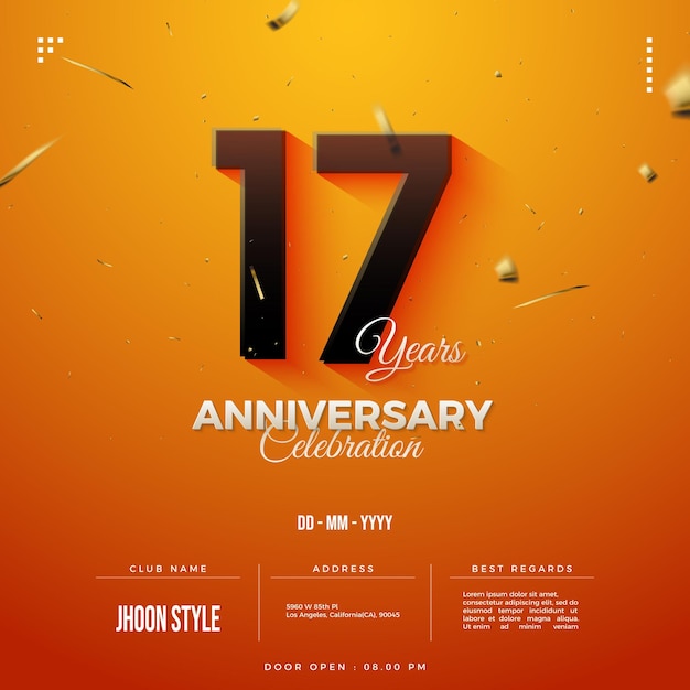 Invitation du 17e anniversaire avec une ombre en chiffres rouges