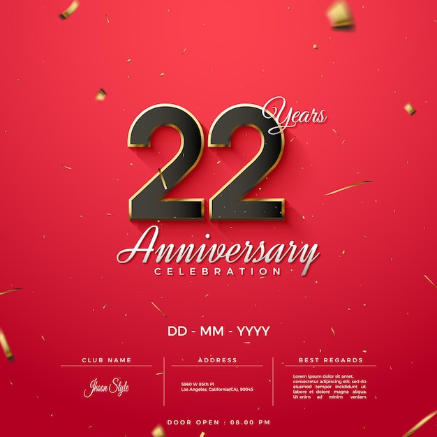 Invitation du 22e anniversaire avec des chiffres noirs enveloppés d'or
