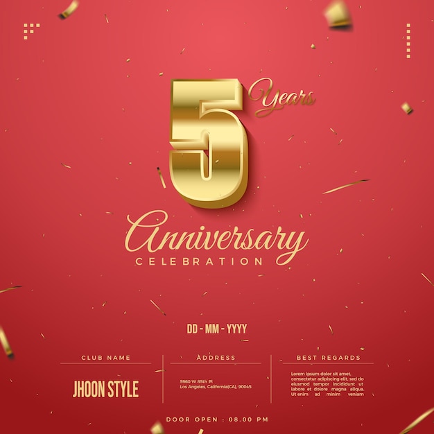 Invitation du 5e anniversaire avec illustration numérique de luxe en or