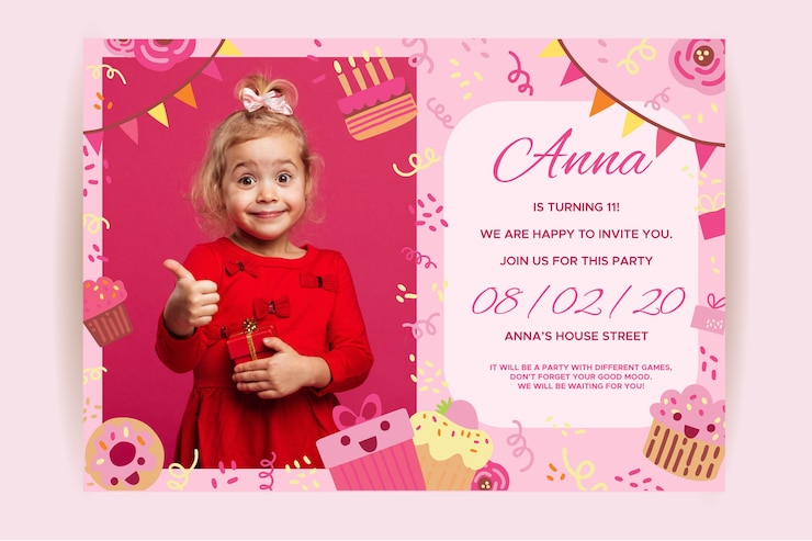 Vecteur invitation enfants joyeux anniversaire avec fille
