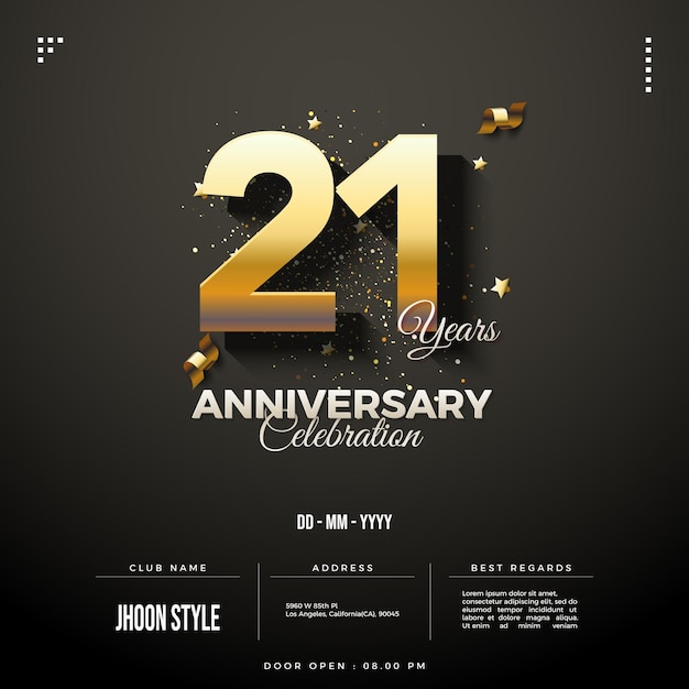 Invitation à la fête du 21e anniversaire avec des chiffres et des éclaboussures d'or