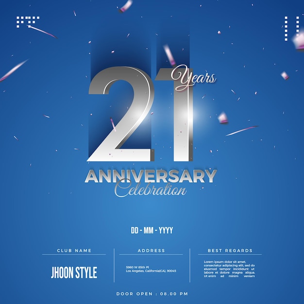 Invitation à la fête du 21e anniversaire avec des numéros d'argent 3D