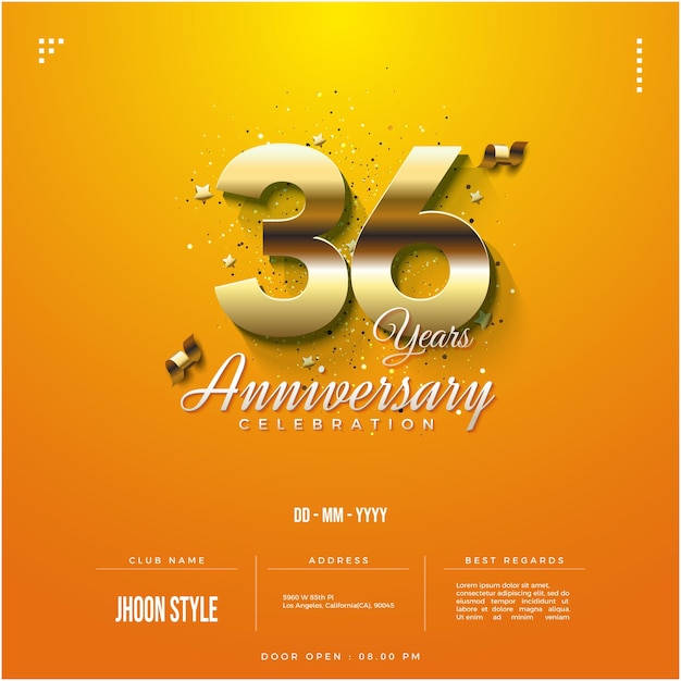 Invitation à une fête du 36e anniversaire avec des chiffres dorés
