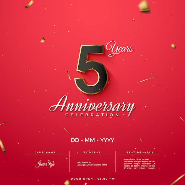 Invitation à la fête du 5e anniversaire avec des chiffres bordés d'or