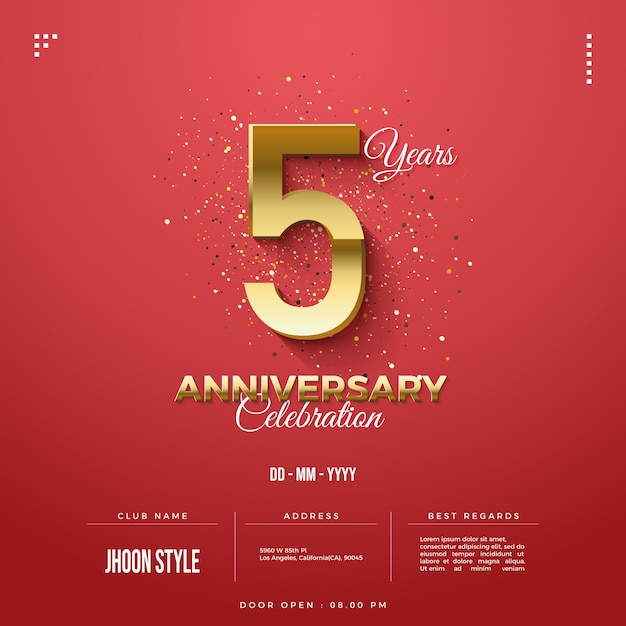 Invitation à la fête du 5e anniversaire avec des chiffres dorés brillants