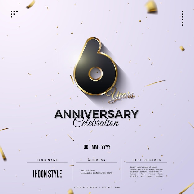 Invitation à la fête du 6e anniversaire avec des chiffres noirs bordés d'or