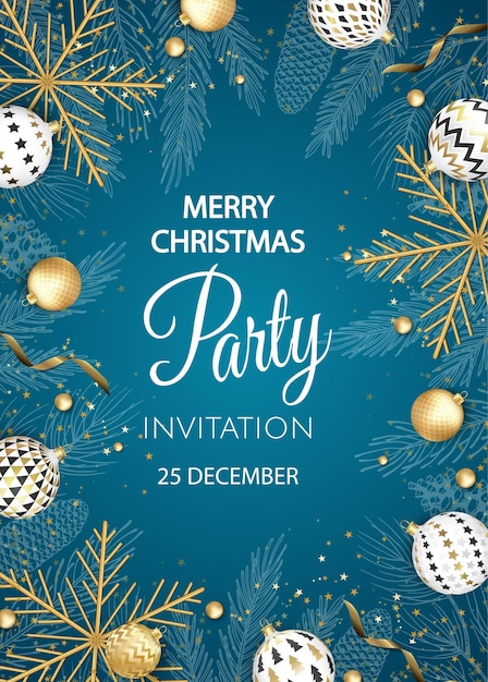 Invitation à la fête de Noël avec des boules et des flocons de neige dorés