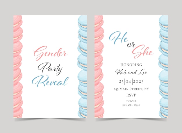 Vecteur invitation à la fête de révélation du genre avec des macarons bleus et roses