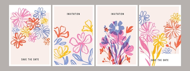 Invitation à fleurs carte florale abstraite Jour de la femme Jour de la mère invitation de mariage carte postale de vacances fleurs botaniques dessinées à la main feuilles élément végétal Vector arrière-plan de printemps
