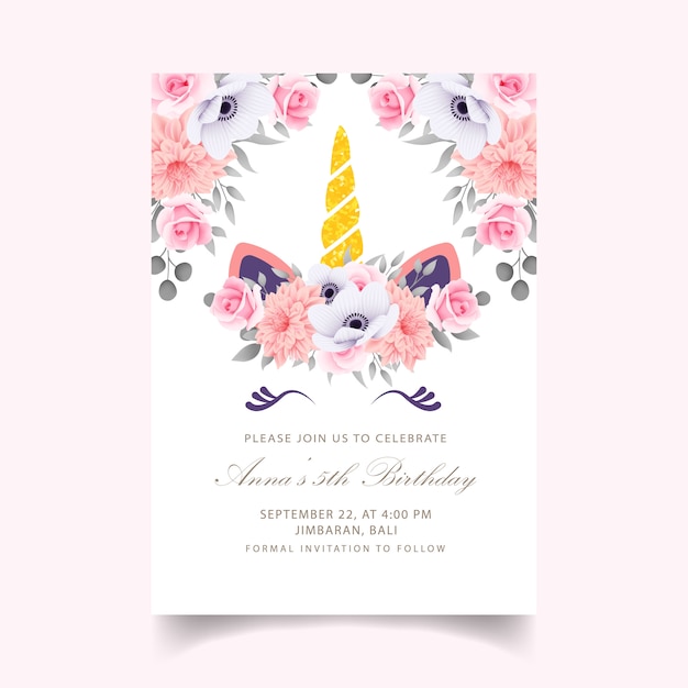 Invitation Florale D'anniversaire Pour Enfants Avec Une Licorne Mignonne