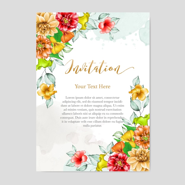 Vecteur invitation florale colorée avec des fleurs à l'aquarelle