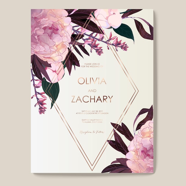 Vecteur une invitation florale pour un mariage avec un cadre doré.